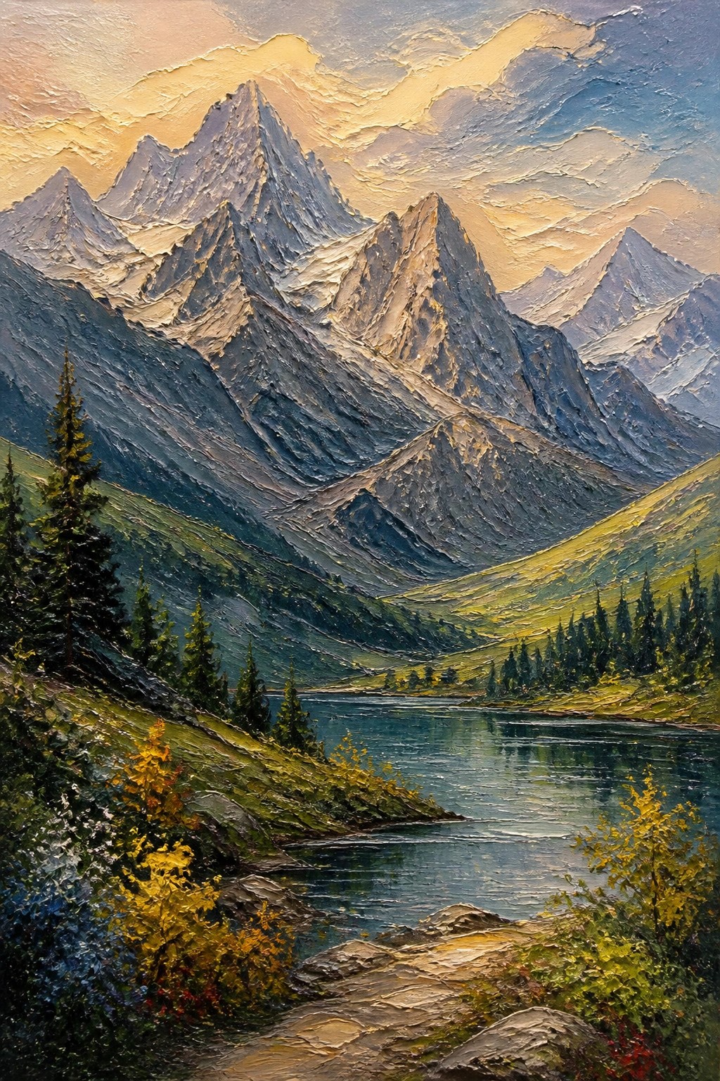 An oil painting of snow-capped mountains with thick textured brushwork, a blue lake below, and autumn trees along a rocky foreground path under a golden sky.