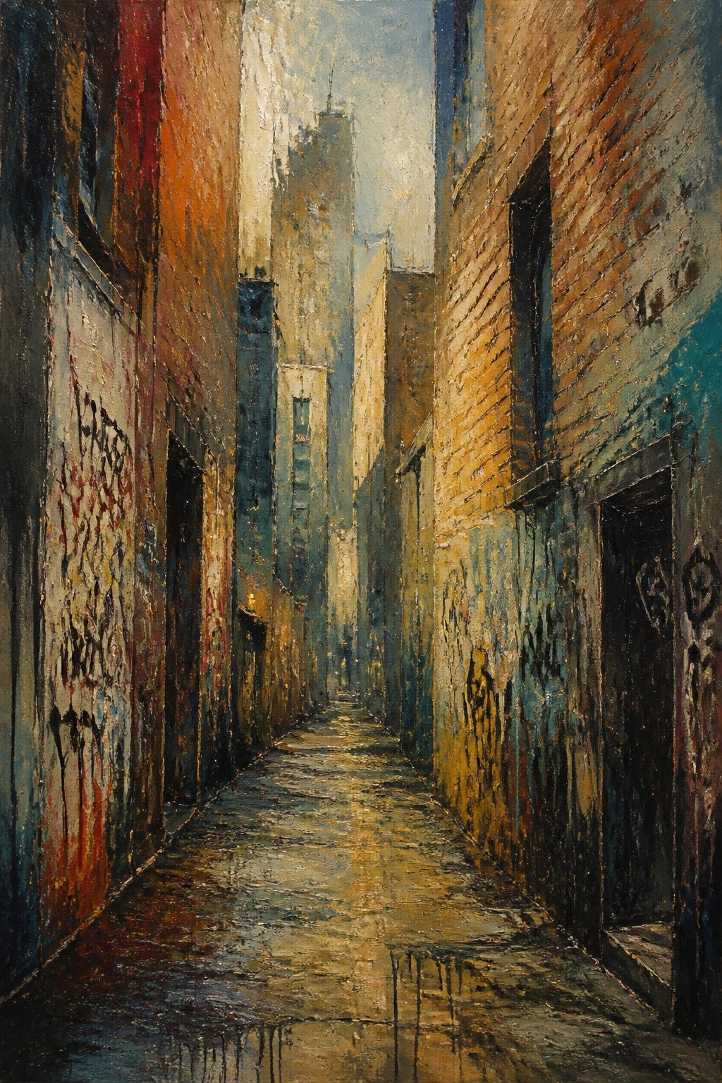 Narrow wet alley between graffiti-covered buildings with reflective pavement in cityscape