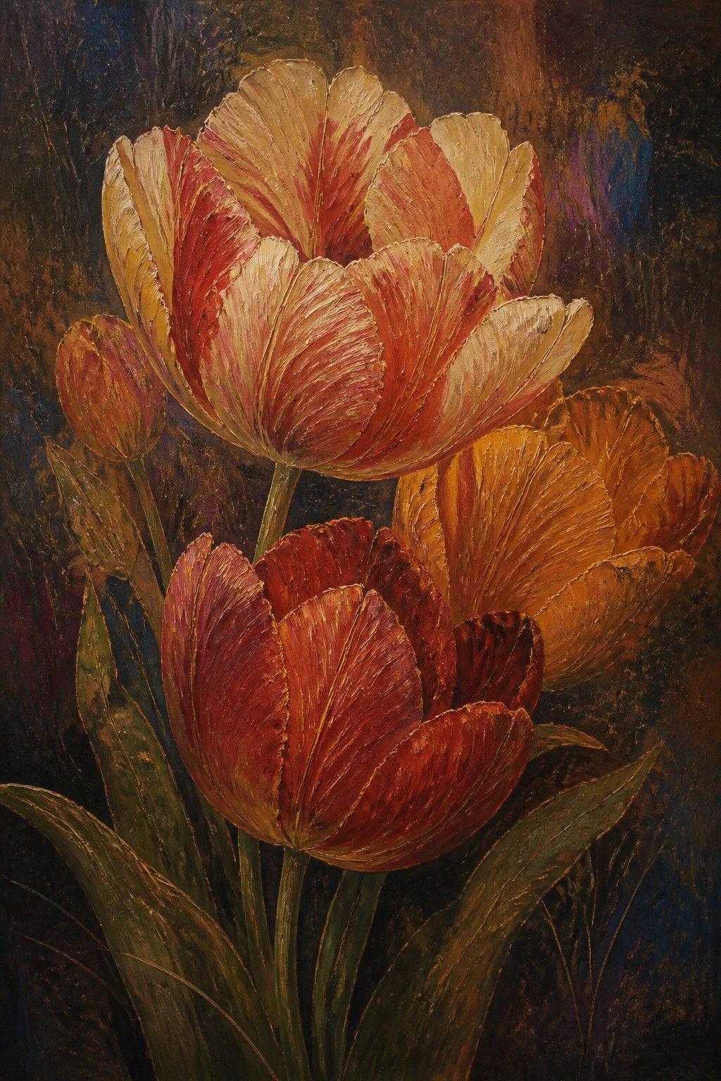 Oil painting of red and yellow tulips with thick textured brushstrokes against a dark background.
