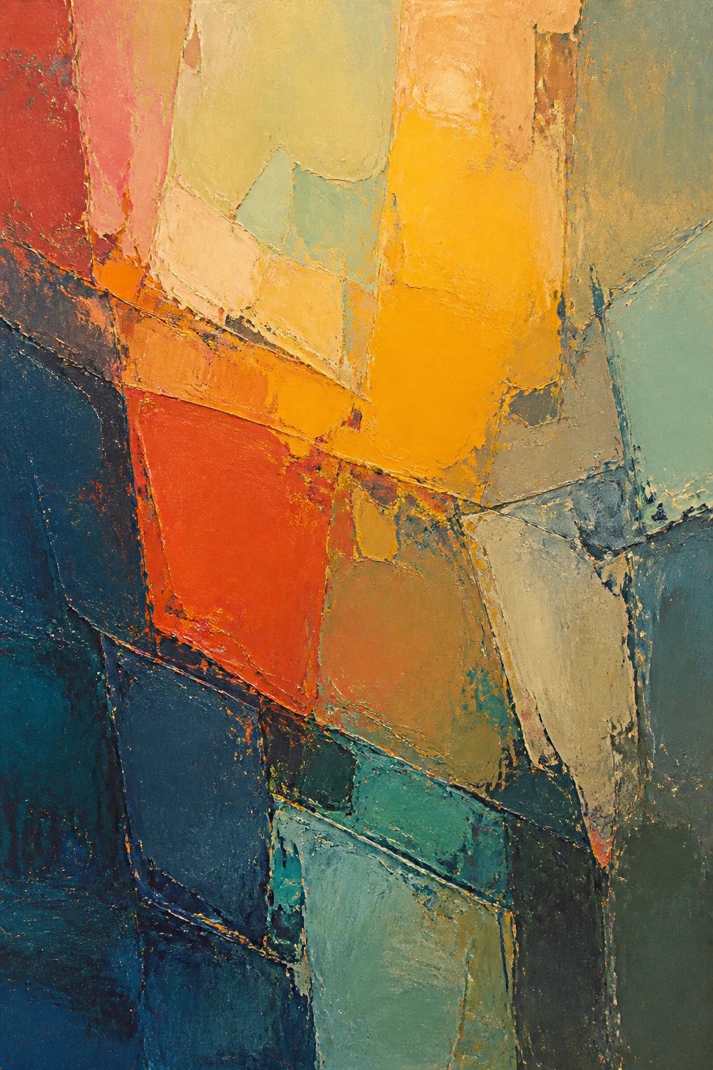 Abstract painting of textured geometric shapes in red, orange, yellow, blue hues.