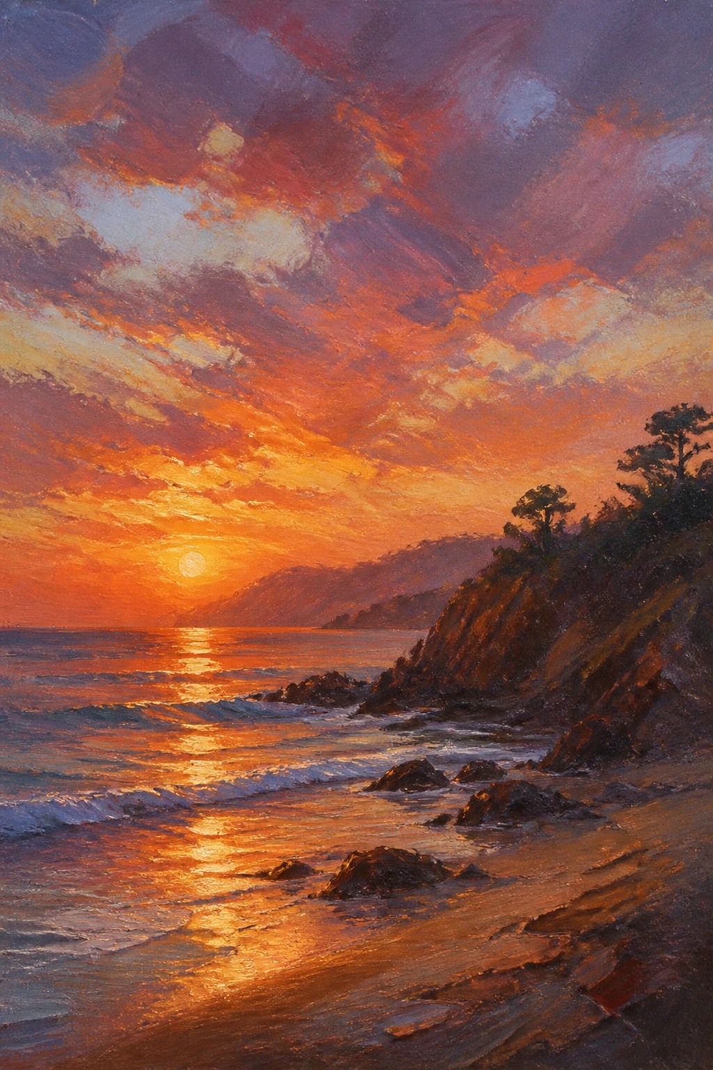 Vibrant sunset painting over ocean with waves on rocky beach and cliffs