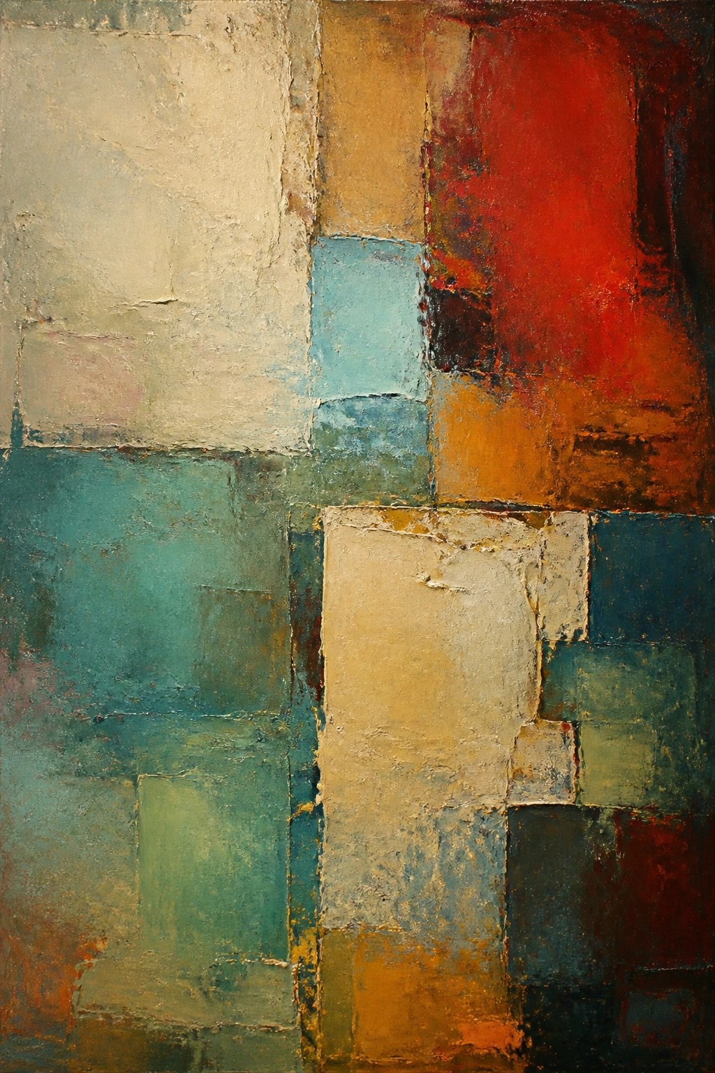 Abstract painting of textured geometric blocks in red, blue, green, and beige tones.