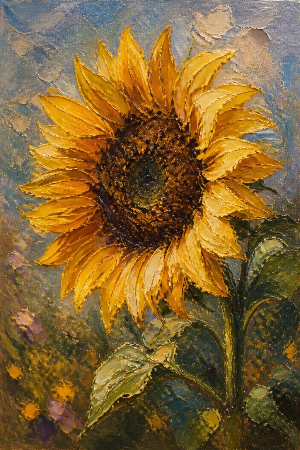 Impasto oil painting of a large yellow sunflower with brown center and green leaves