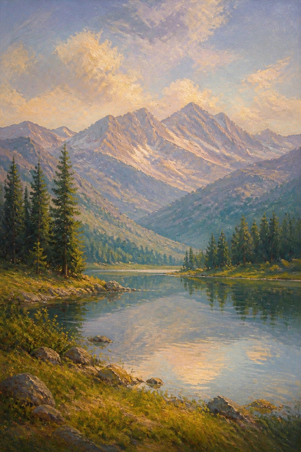 An oil painting of snow-capped mountains reflected in a still lake with pine trees and rocks along the grassy shore under a glowing sky.