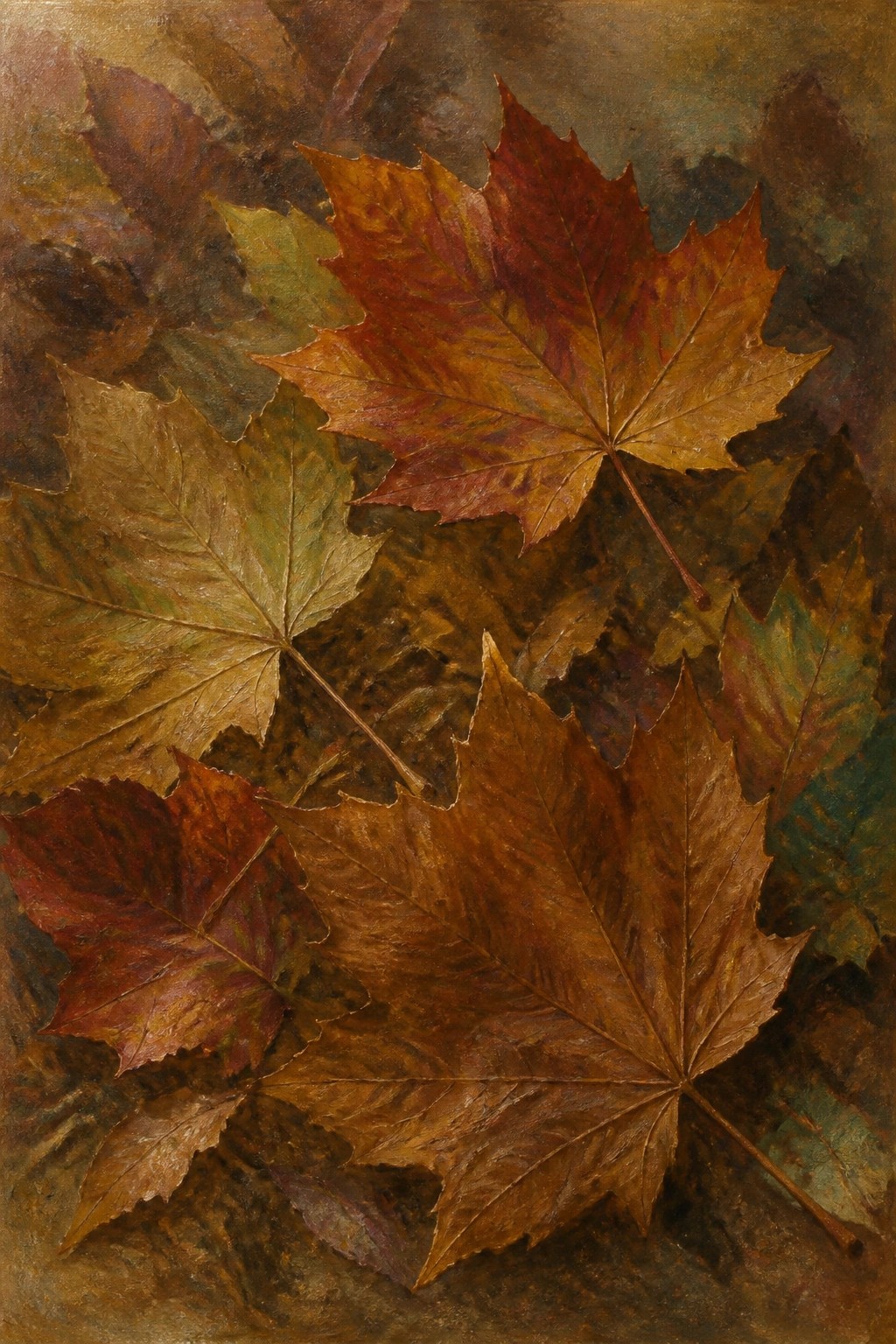 Vibrant autumn maple leaves in orange, red, and brown overlap on dark ground.