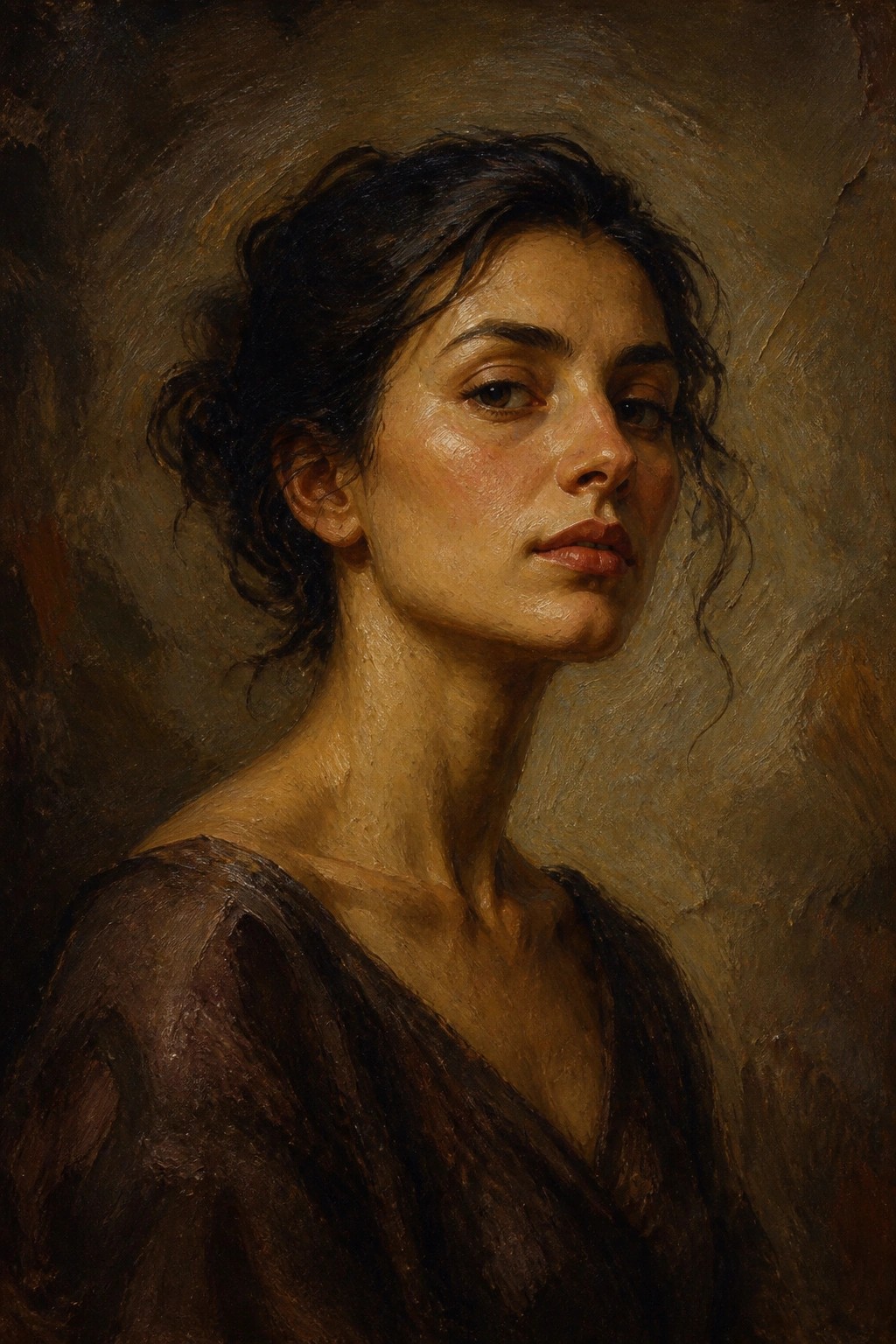 Oil painting of a woman with dark hair in a loose brown top, gazing aside.