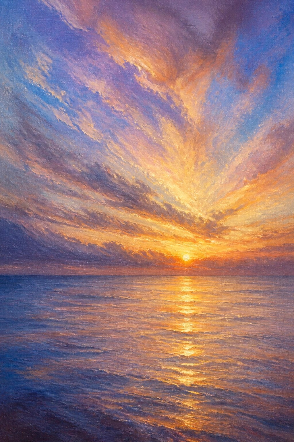 Dramatic sunset painting with purple and orange clouds over golden ocean reflections