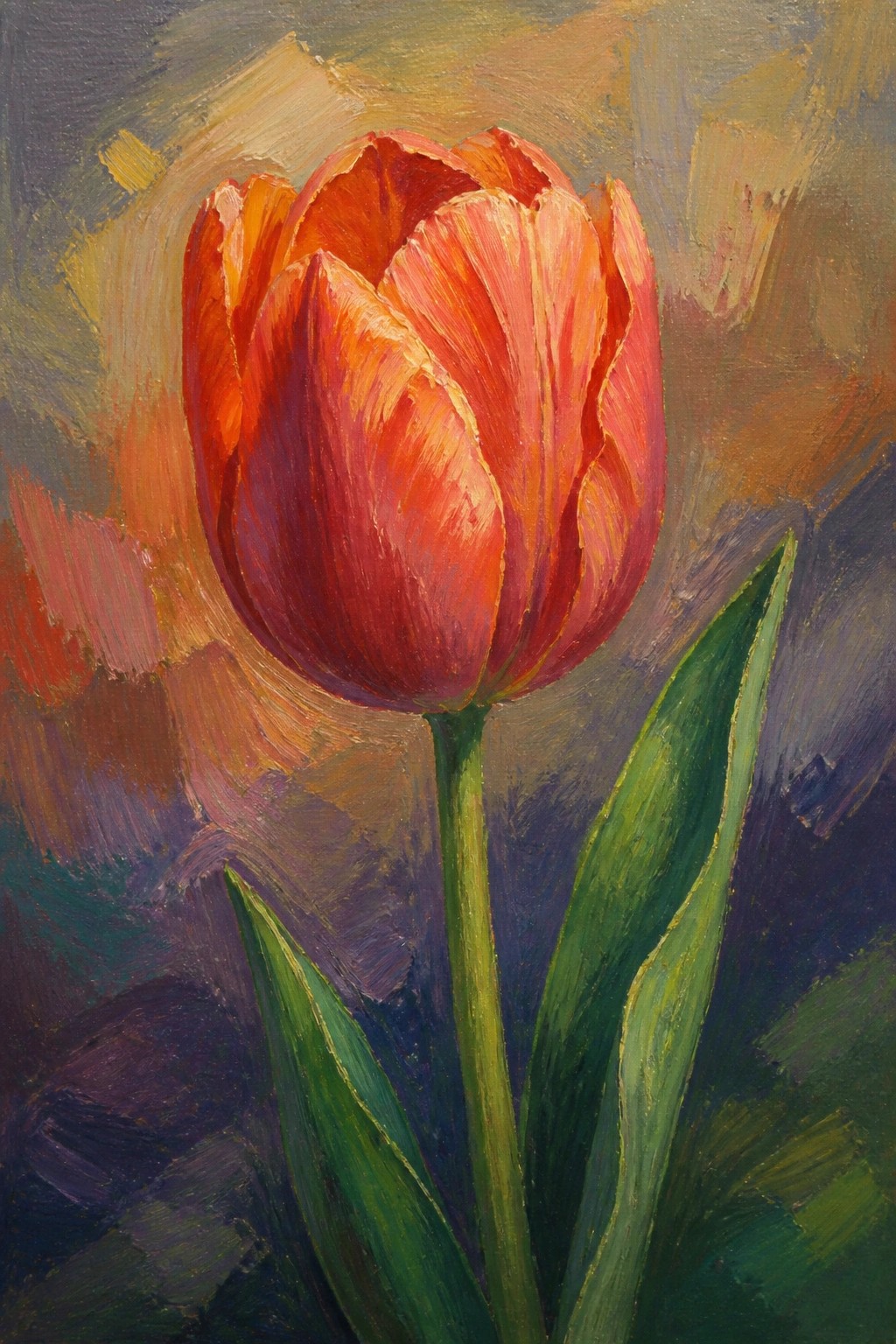 Vibrant red-orange tulip with green leaves on abstract colorful background