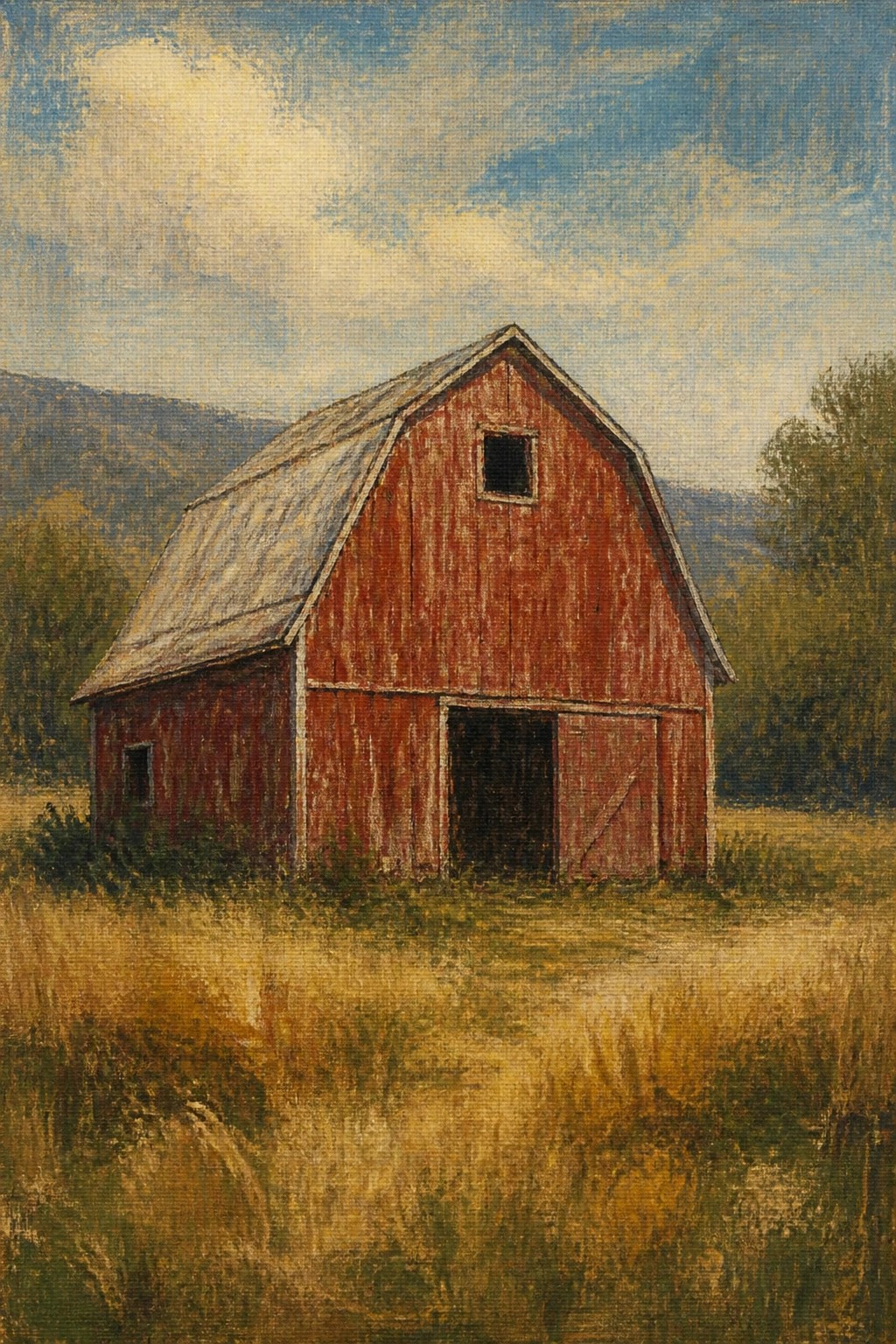 Weathered red barn with open door in golden field under blue sky with hills