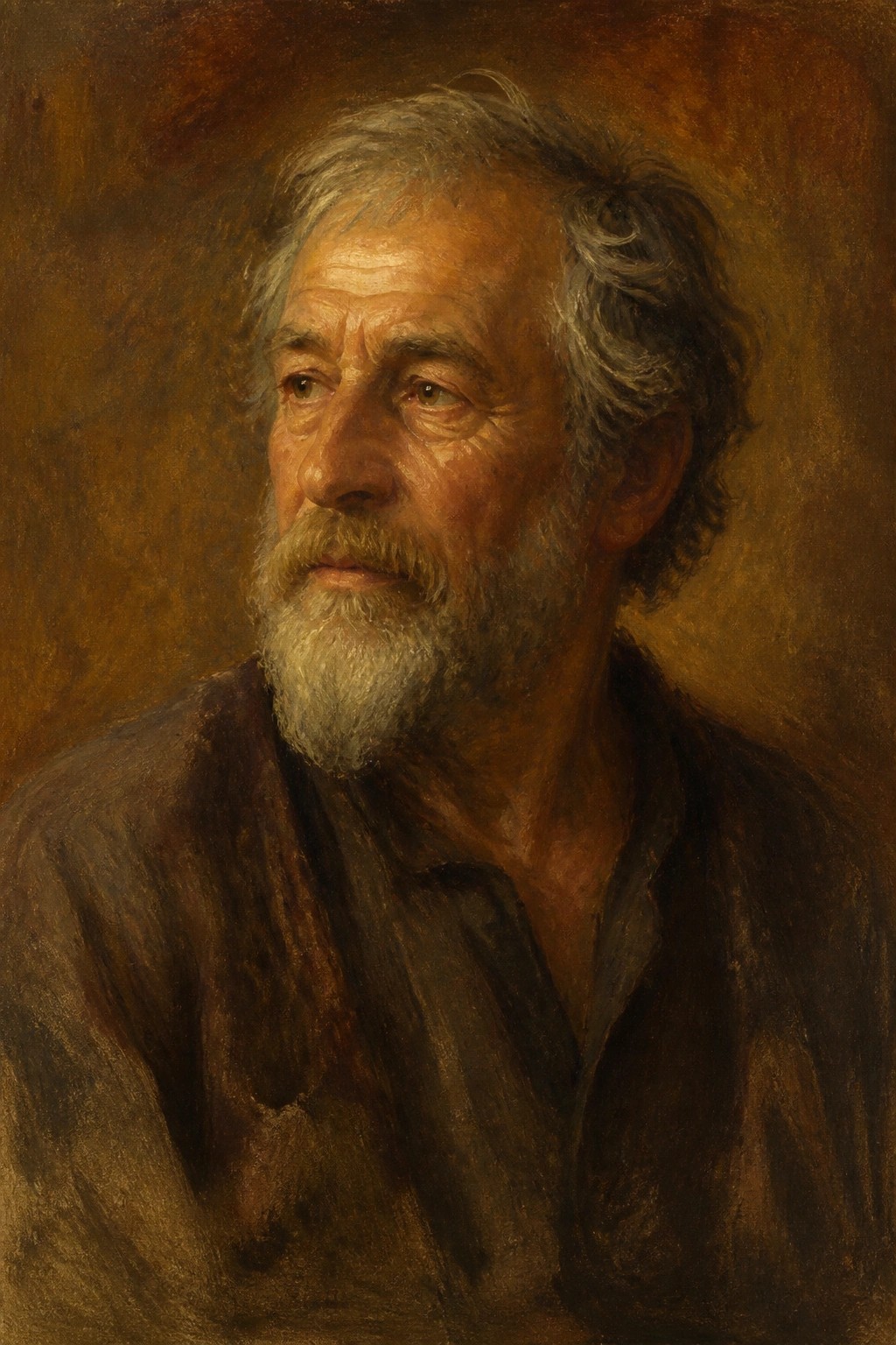 Elderly man with gray beard and hair in worn dark shirt, warm earthy tones