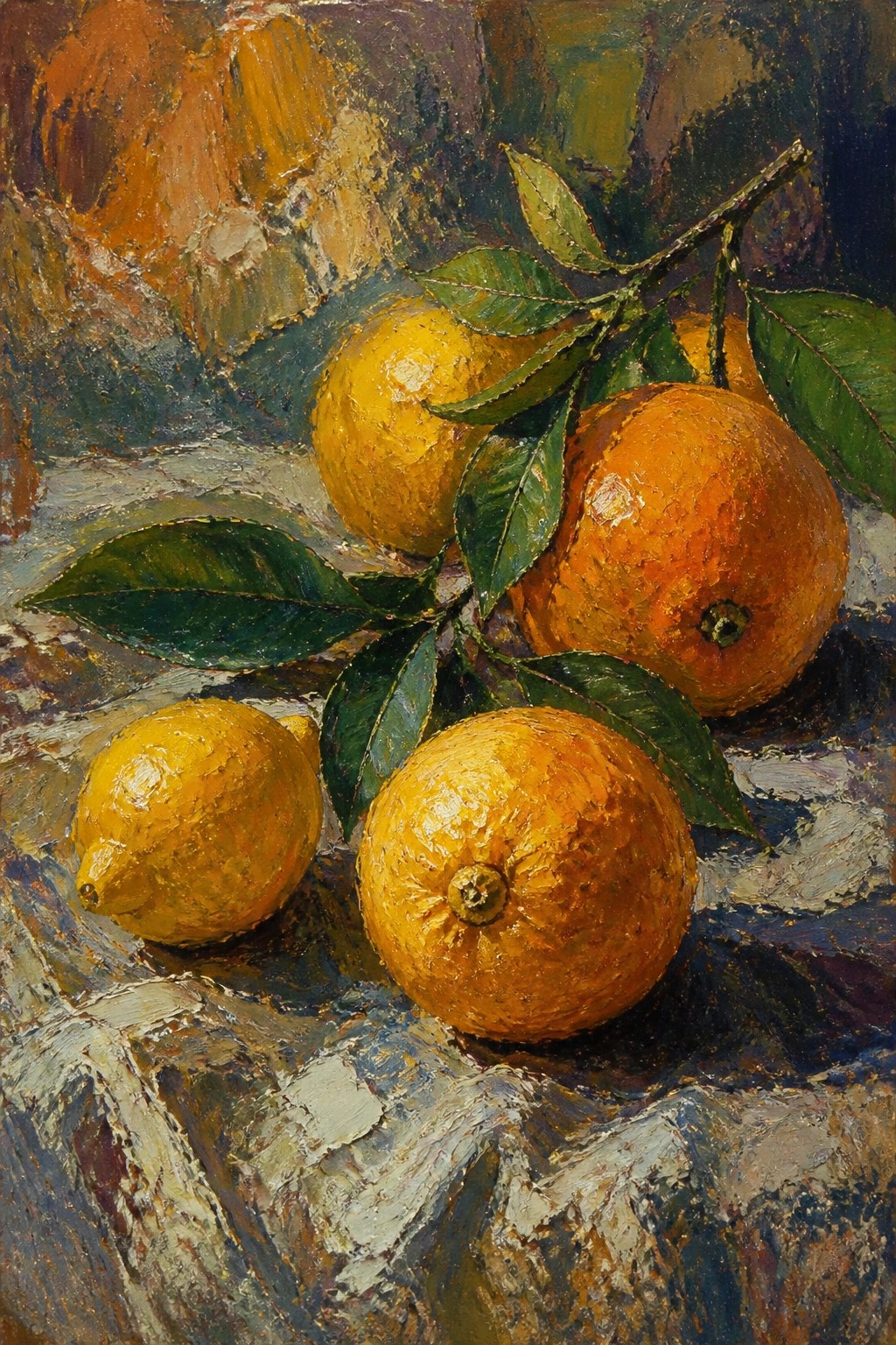 Still life painting of oranges, lemons, and green leaves on textured surface