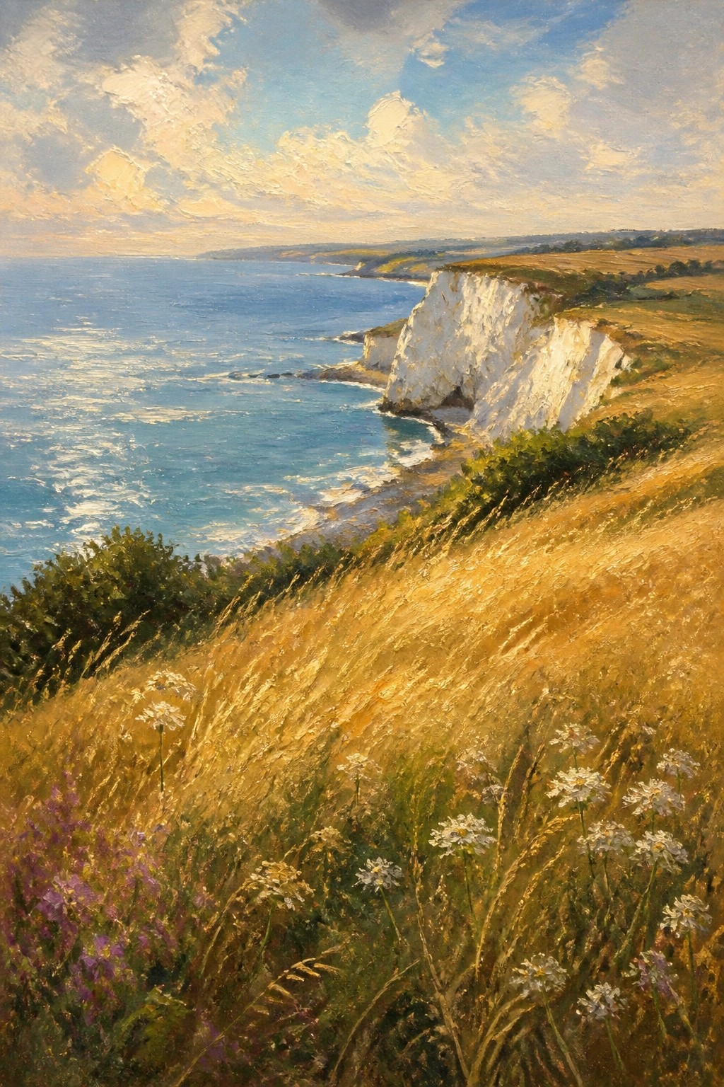 Sunlit white cliffs rise above blue sea beside golden wildflower meadow.