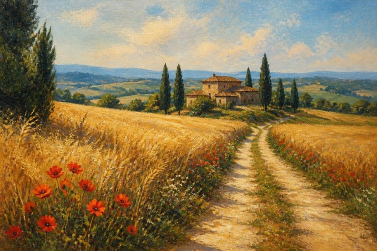 22 Stunning Summer Landscape Painting Ideas for Golden Fields and Countryside Views An oil painting of golden wheat fields with red poppies, a winding dirt path, and a stone house on a hill with cypress trees under a blue sky.