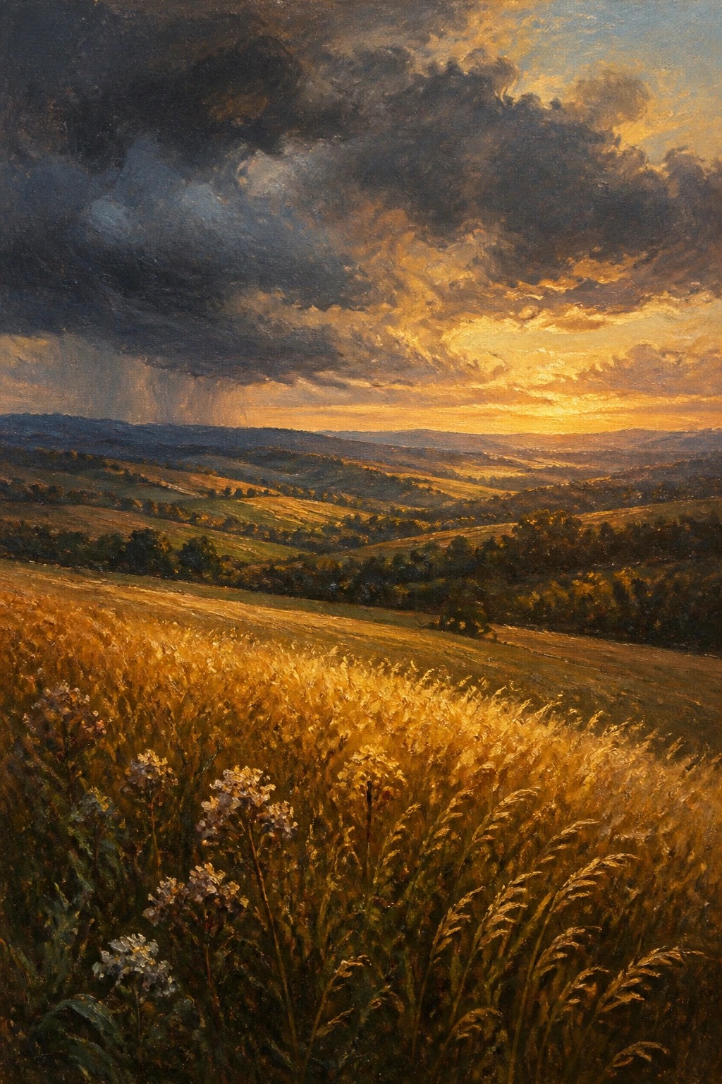 An oil painting of a golden field with wildflowers in the foreground under a stormy sky with golden sunlight breaking through over rolling hills at sunset.