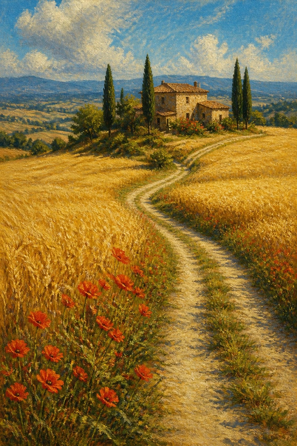An oil painting of golden wheat fields with red poppies, a winding dirt path, and a stone house on a hill with cypress trees under a blue sky.