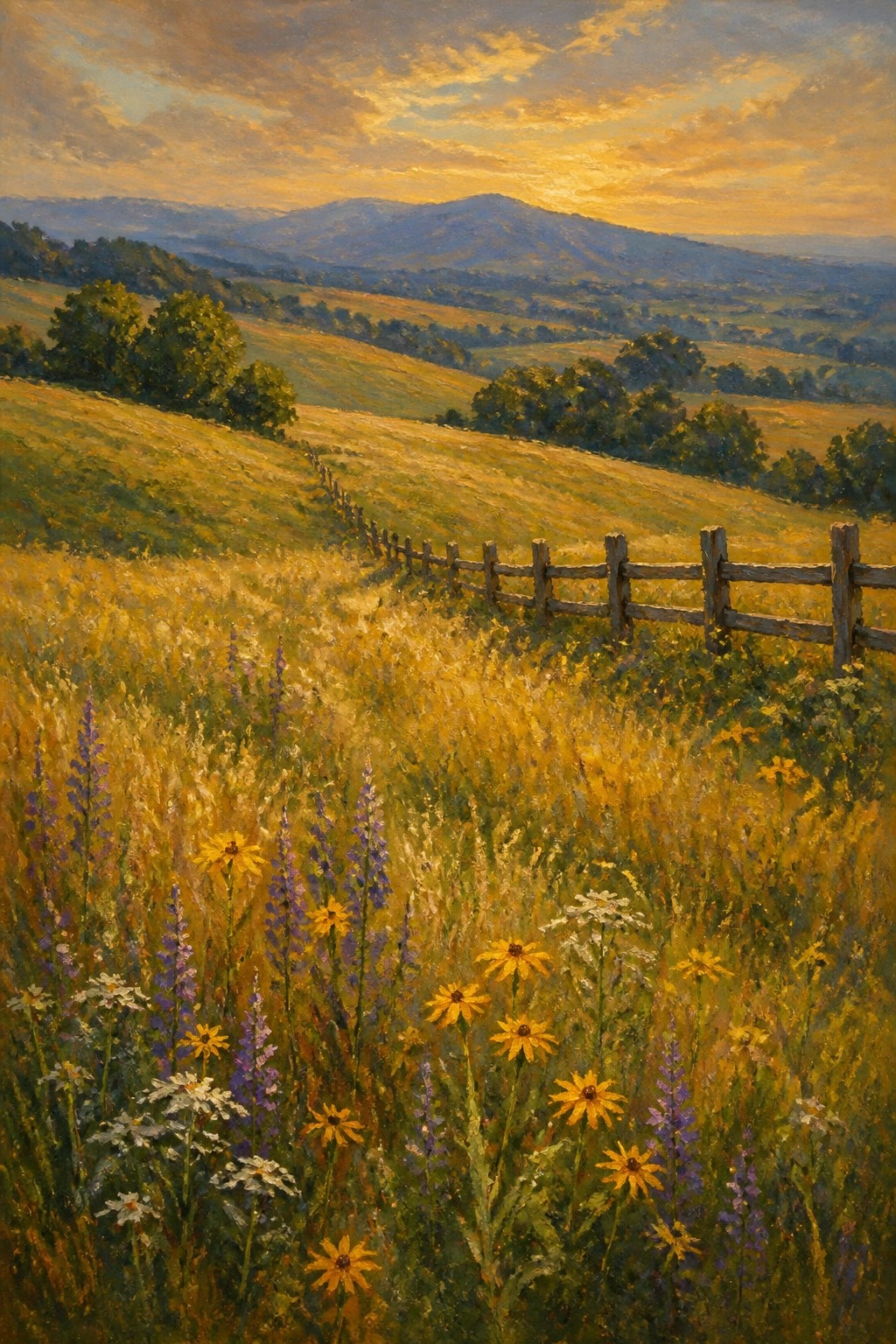 Golden sunset over wildflower meadow with wooden fence and distant mountains