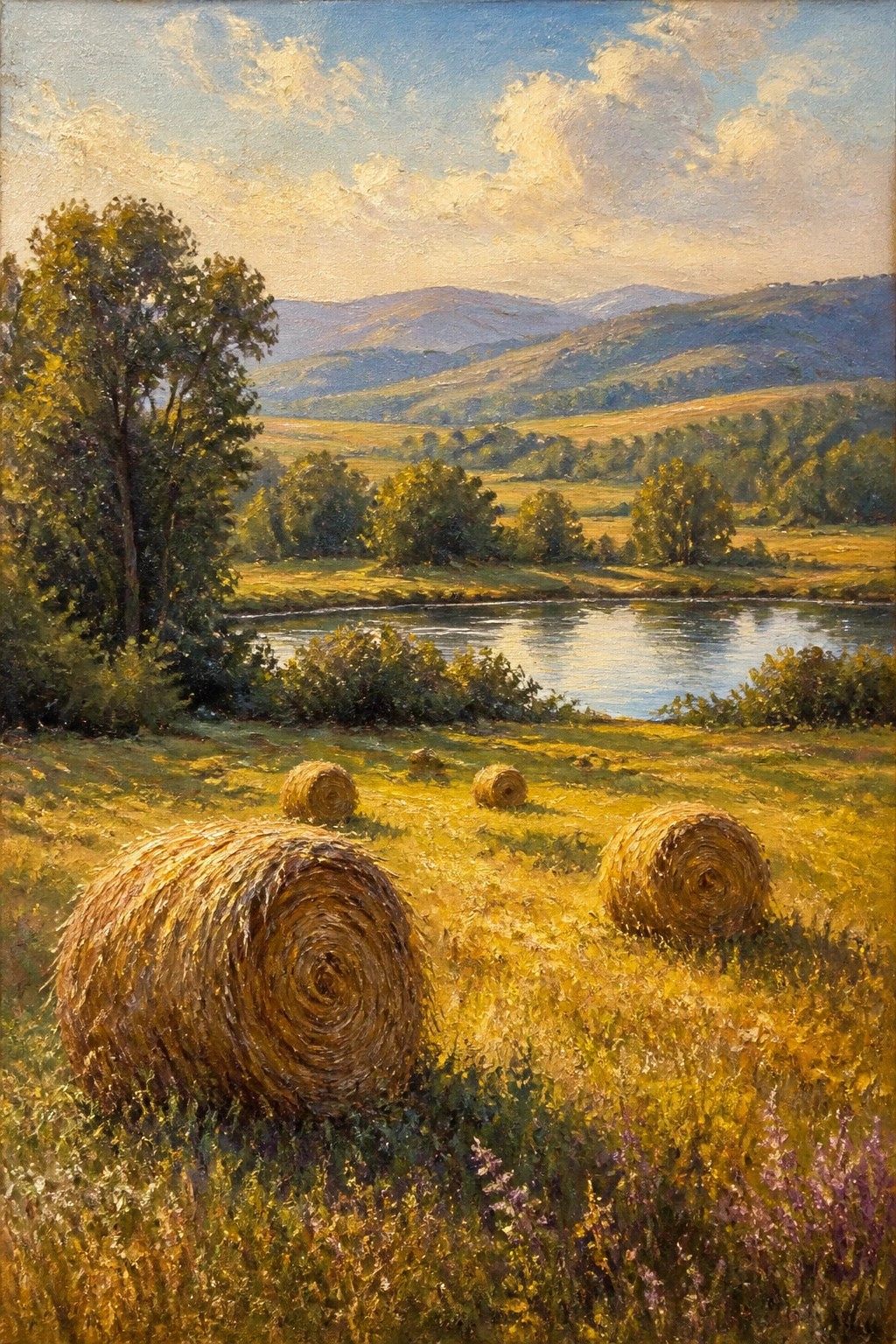 Golden hay bales in sunlit meadow by river with distant mountains, oil painting.