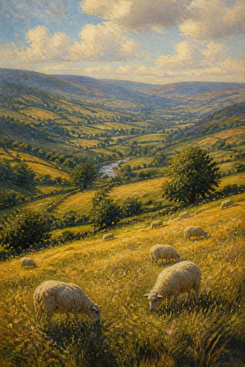 An oil painting of sheep grazing in golden fields on rolling hills with a valley and river in the background under a blue sky with clouds.