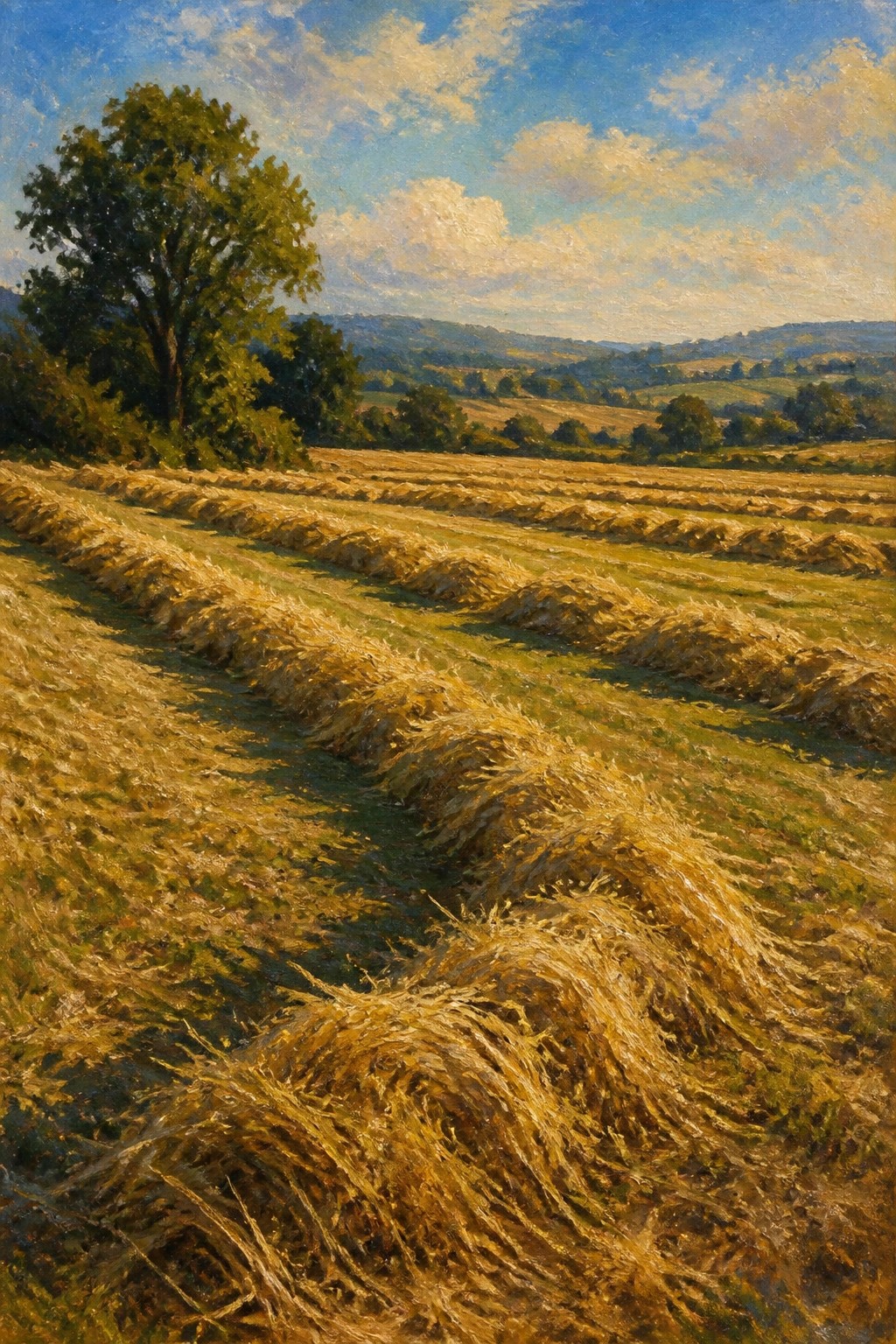 Golden hay rows stretch across a sunlit field beside a large tree and rolling hills.