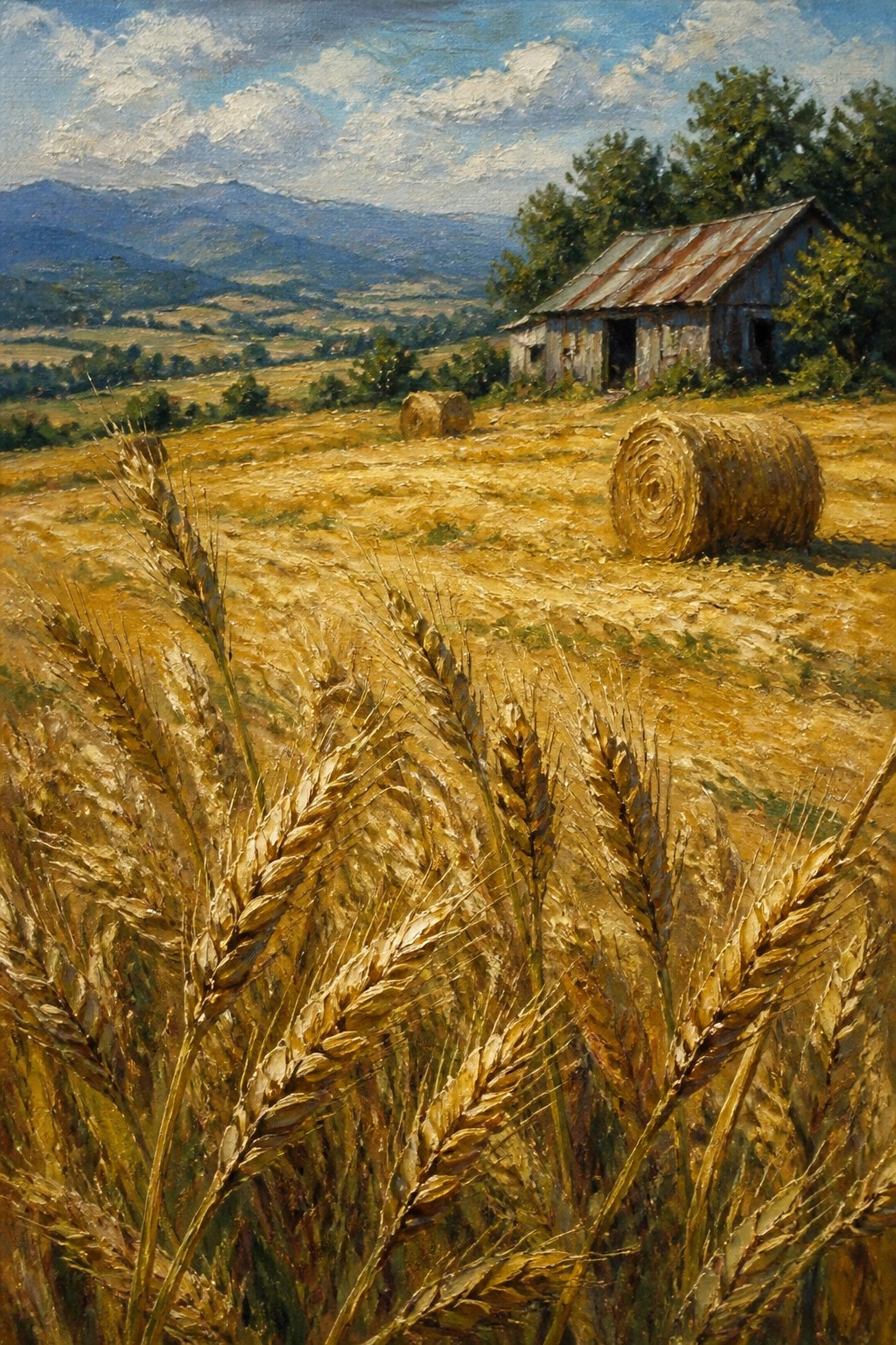 Golden wheat field with hay bales, rustic barn, and distant mountains in oil painting