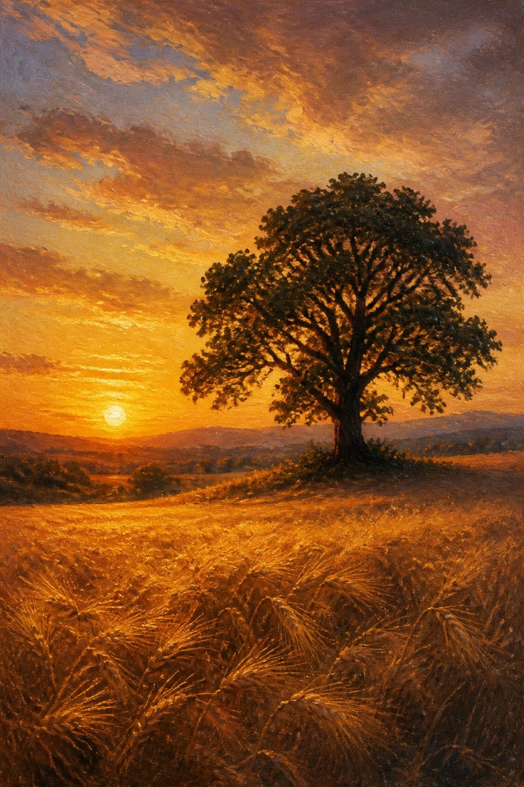 Solitary tree in golden wheat field under vibrant orange sunset sky with clouds