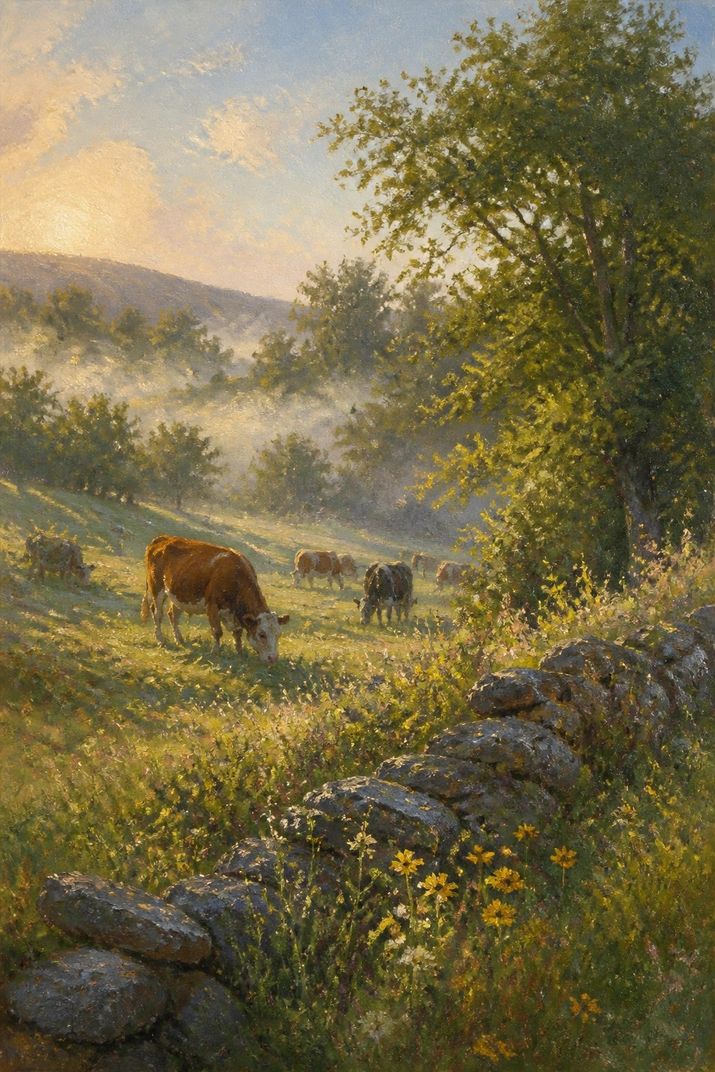 An oil painting of several cows grazing in a sunlit green field with morning mist, a low stone wall with yellow flowers in the foreground, and trees on distant hills.