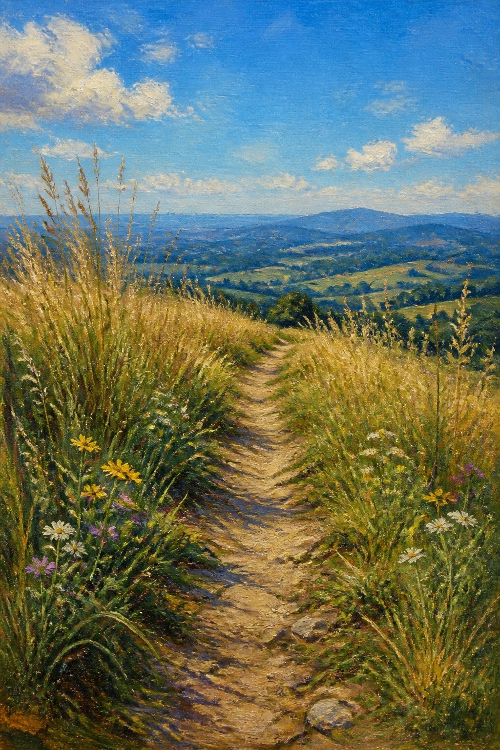 Winding dirt path through wildflowers on a sunny hillside overlooking distant hills.