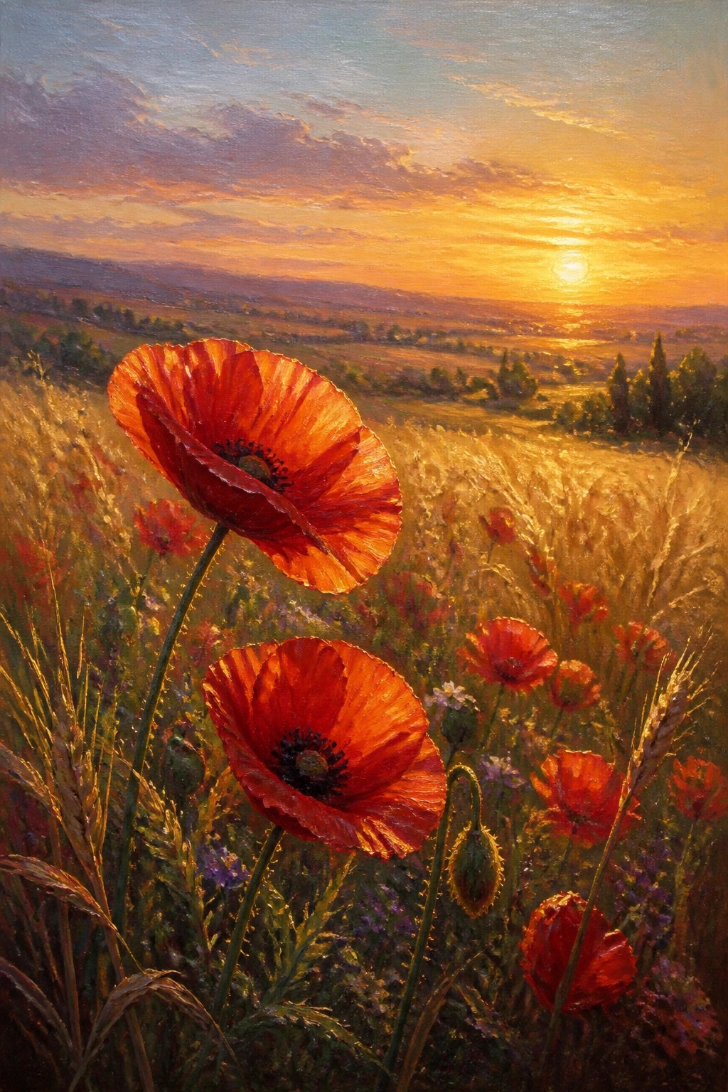 Vivid red poppies bloom in a golden field beneath a glowing sunset.