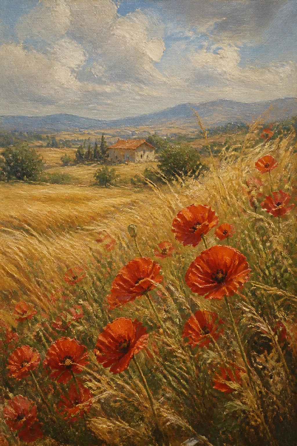 Red poppies bloom amid golden grass with a house and distant mountains.