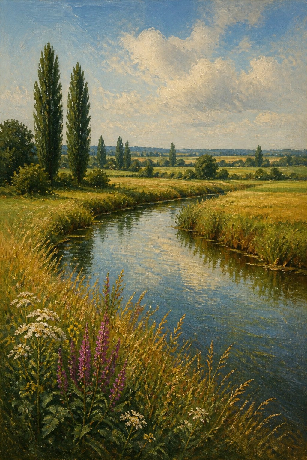 Winding river through wildflower meadows with tall poplars under cloudy blue sky