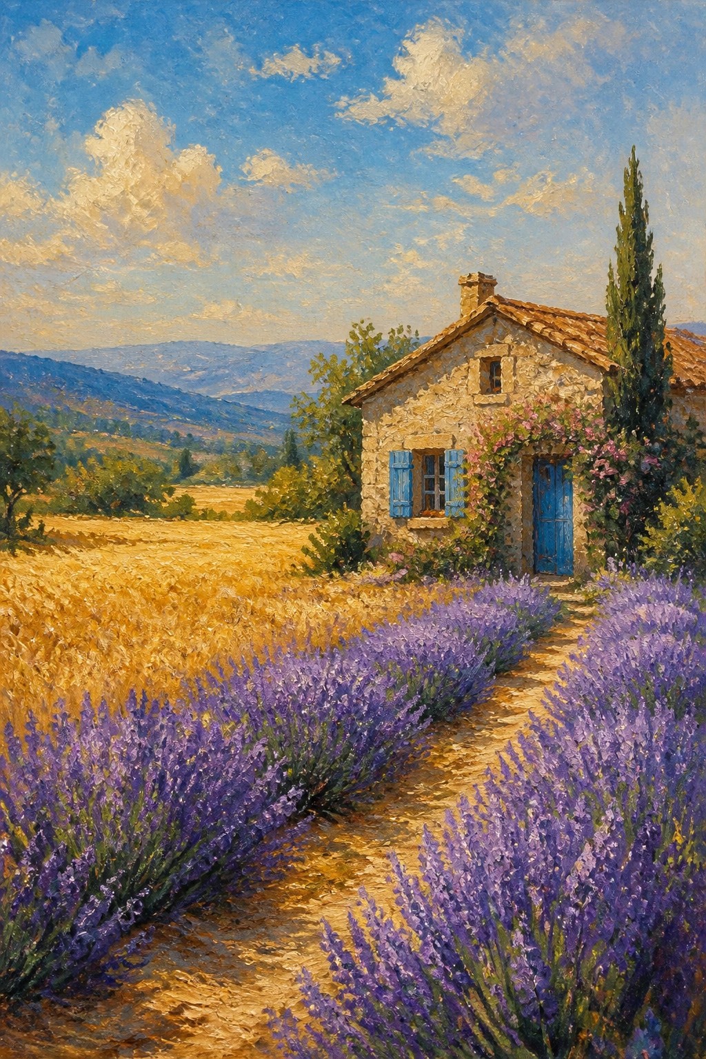 Stone cottage with blue shutters along path through vibrant lavender fields under blue sky