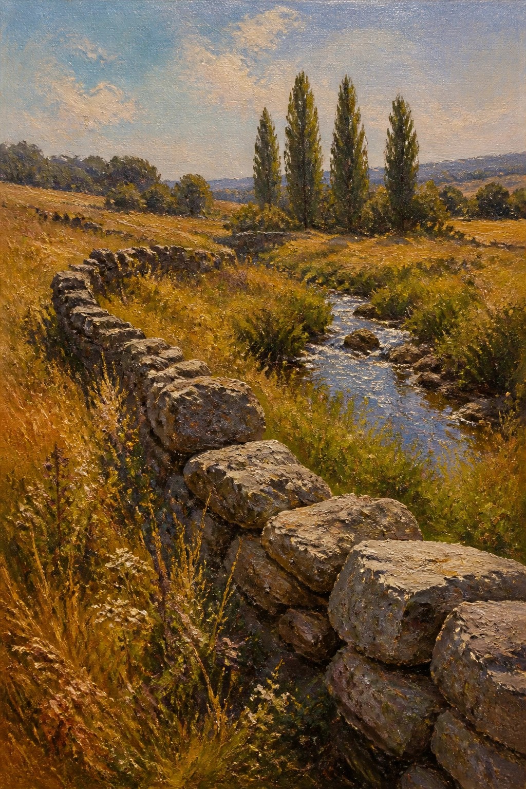 An oil painting of a stone wall curving beside a stream through golden fields with tall trees in the background.