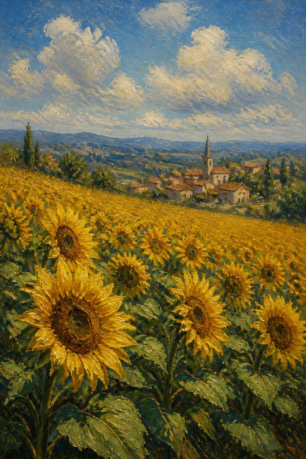 Golden sunflowers fill a hillside field before a village with church steeple.