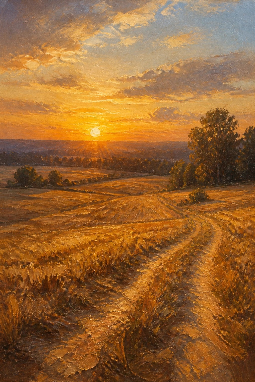Golden sunset painting over winding dirt path in vast golden fields with trees.