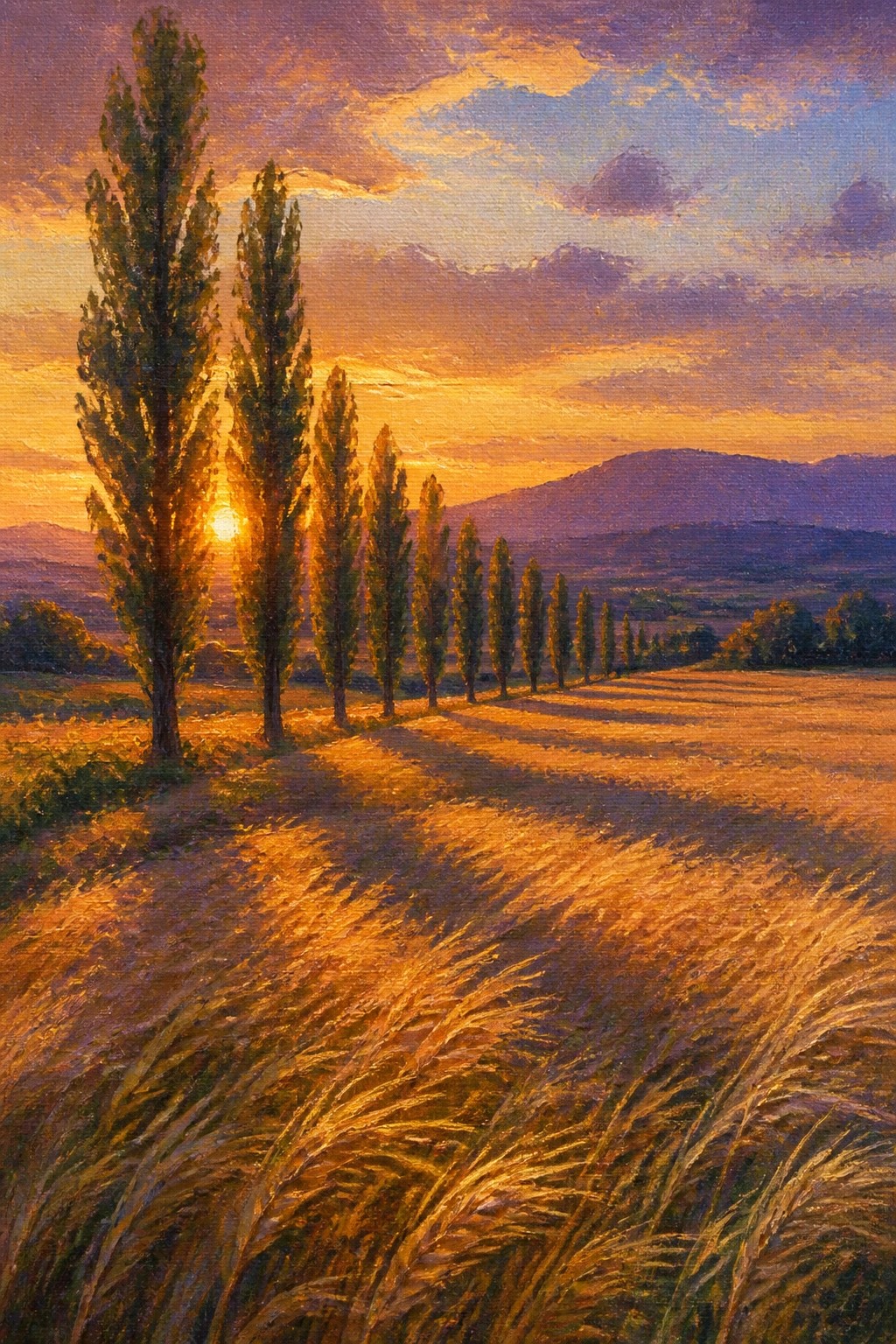 An oil painting shows a row of tall trees in a golden field at sunset with the sun low behind them, long shadows on the grass, and mountains in the distance.