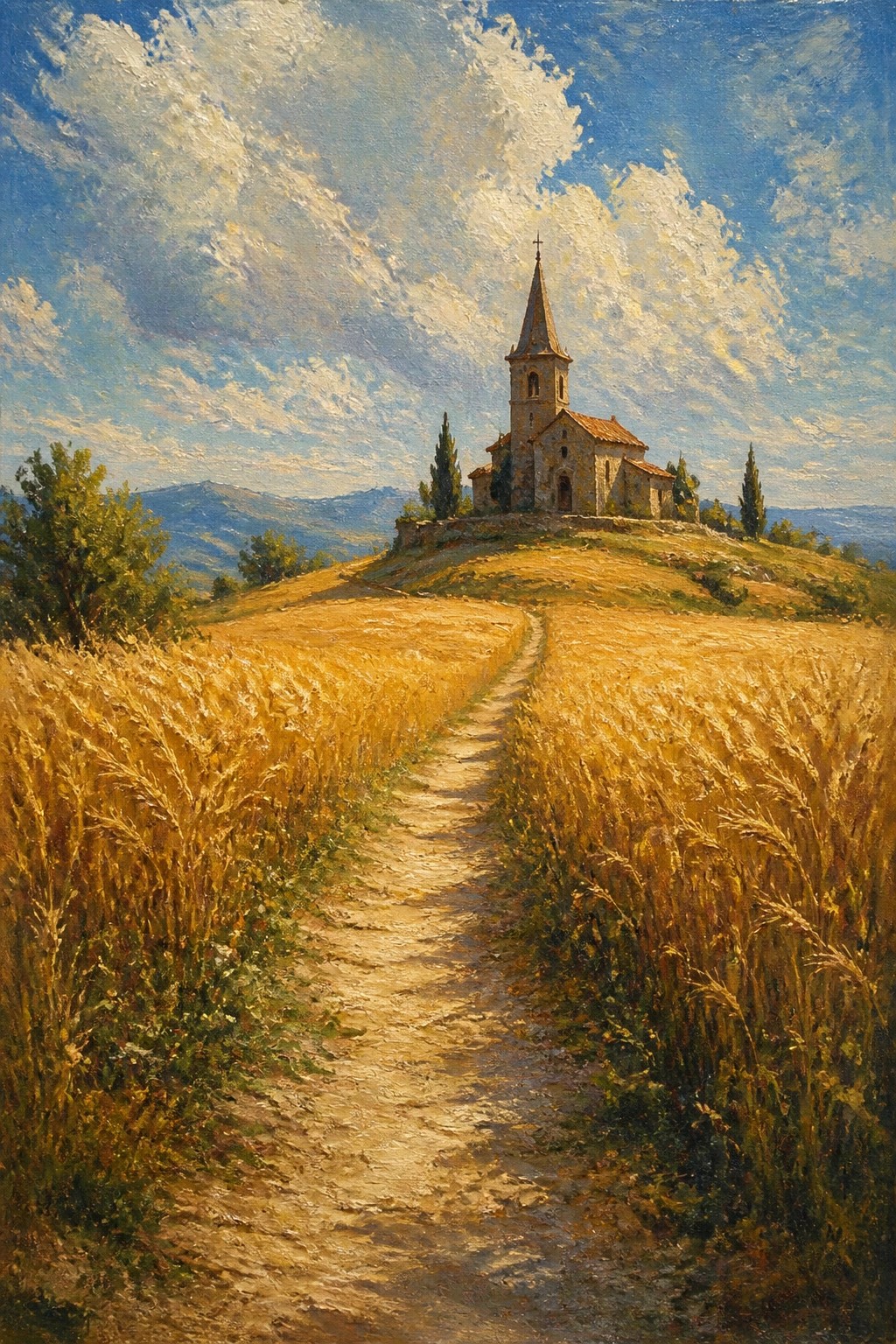 Painting of a dirt path through golden wheat fields to a hilltop church.