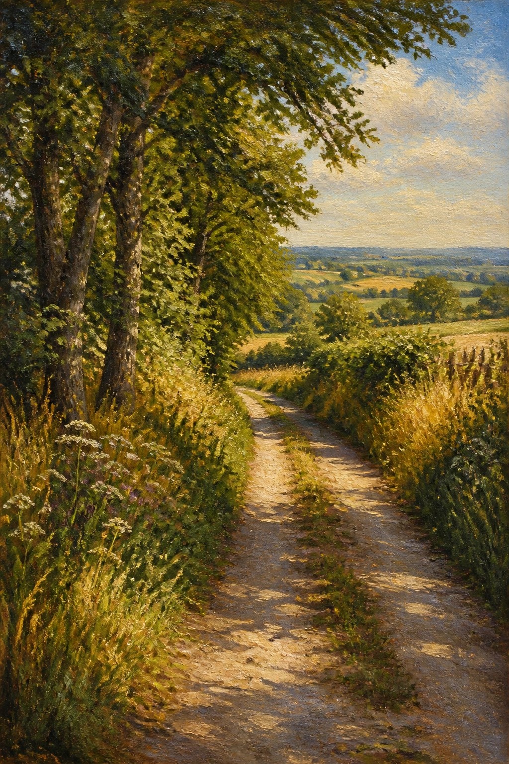 Winding sunlit dirt path through lush trees and wildflowers overlooking rolling fields