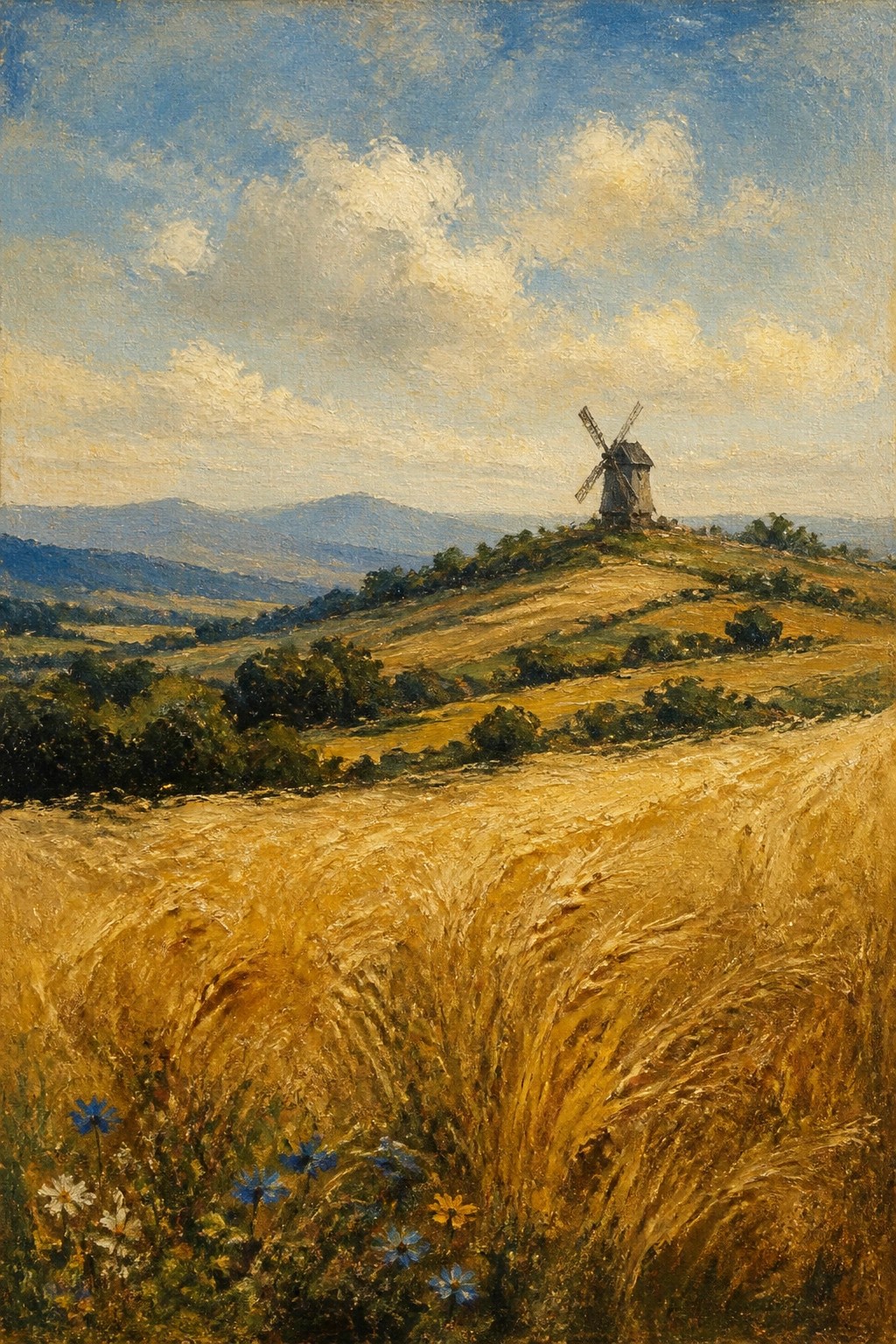 Golden wheat fields with blue wildflowers and windmill on sunny hillside under blue sky