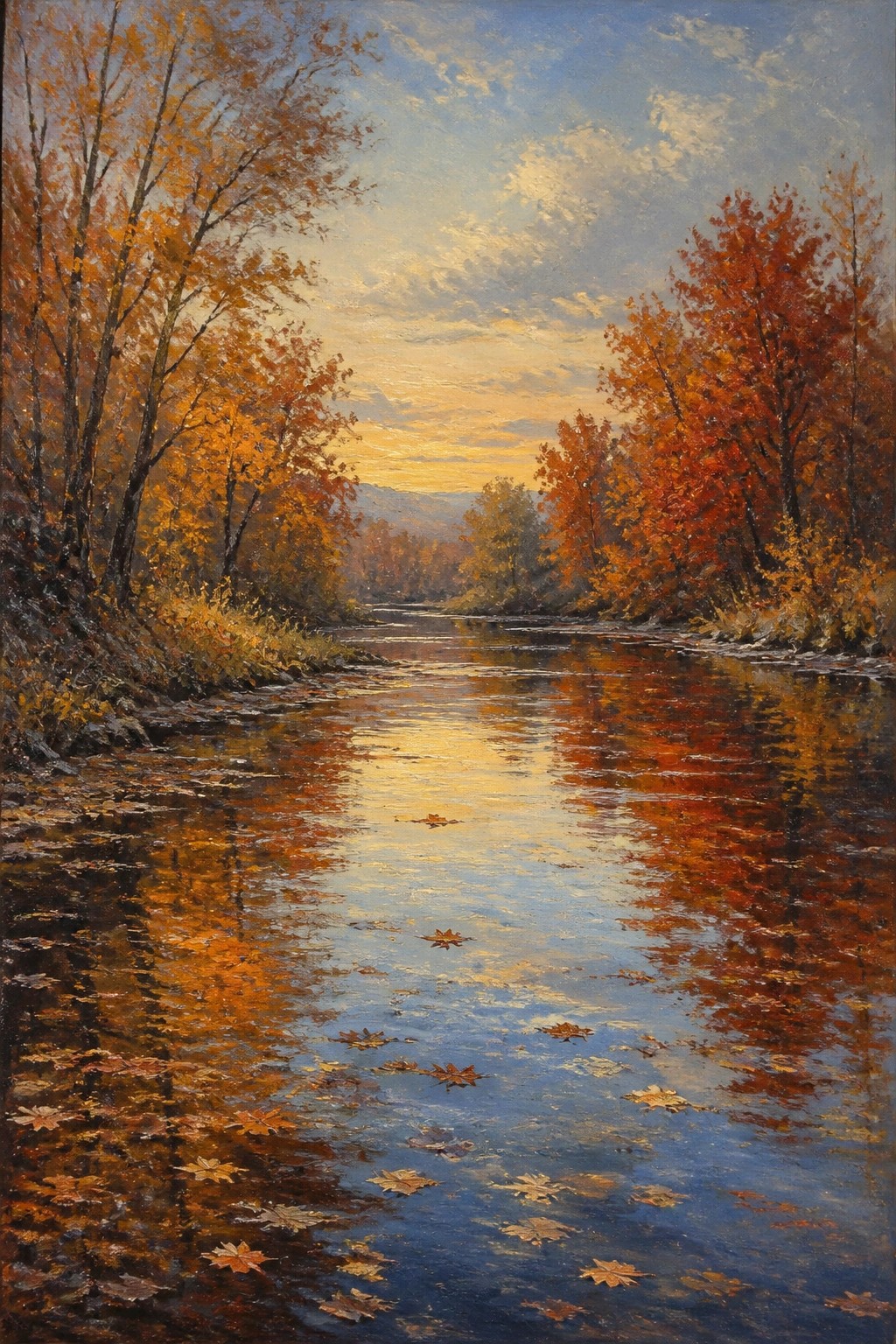 An oil painting of a river flowing between autumn trees with orange and red leaves reflecting on the water under a sunset sky.