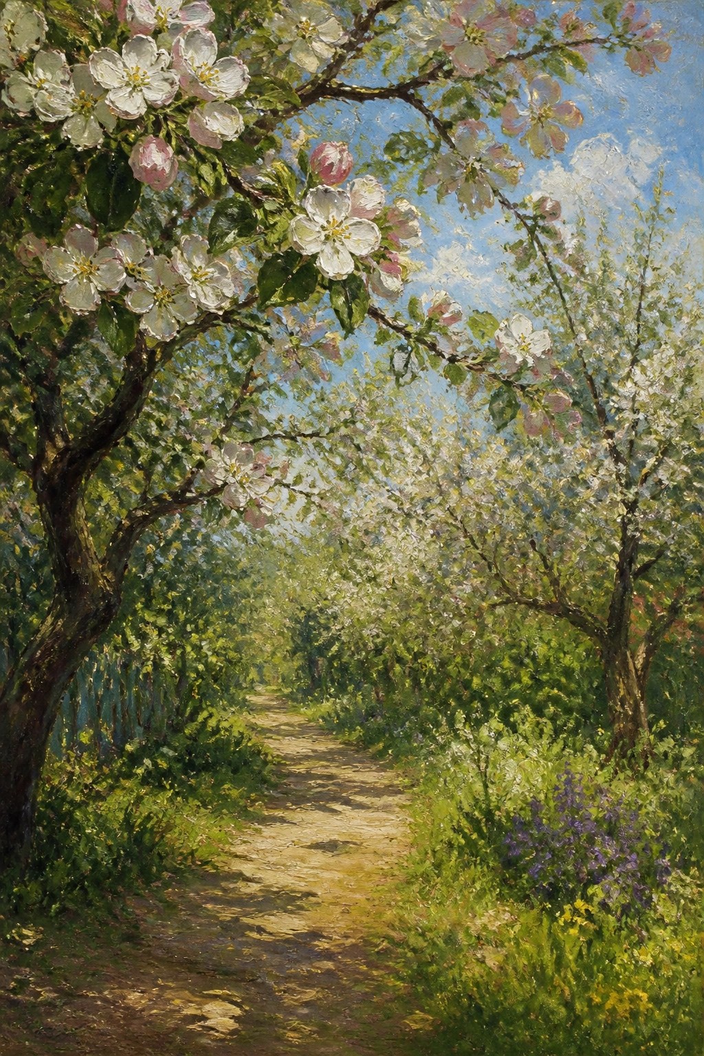 Sunlit path winds through blooming apple trees with white-pink flowers and lush greenery.