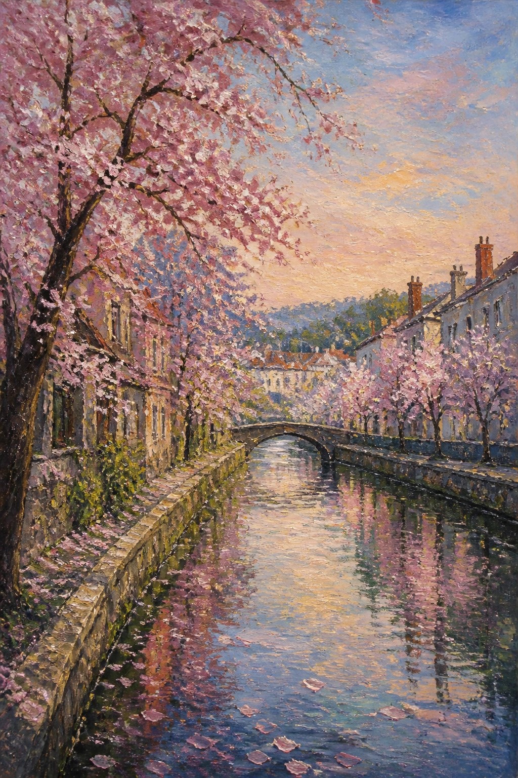 Impressionistic painting of pink cherry blossoms along a reflective canal with stone bridge