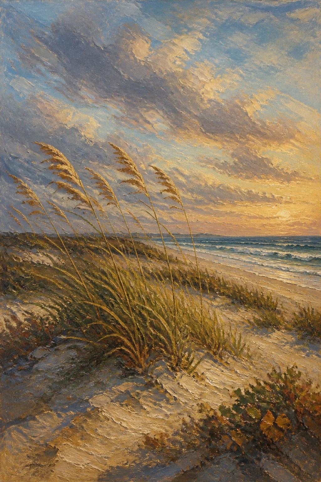 Windswept grasses on sandy dunes overlooking ocean waves at sunset.