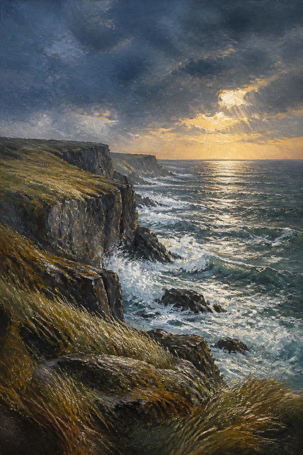 Oil painting of rocky cliffs beside a choppy sea at sunset with sunlight breaking through dark clouds over the water.