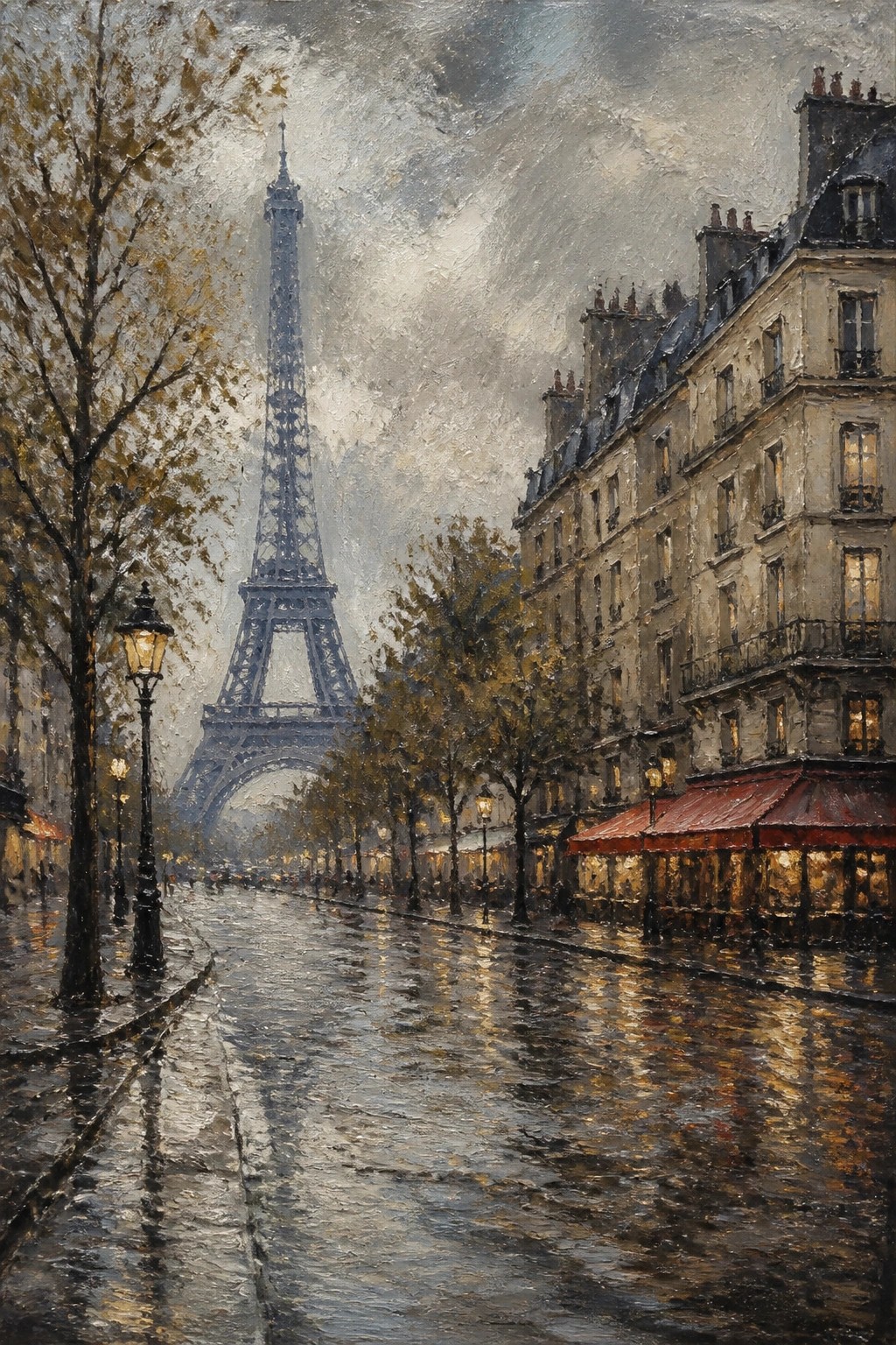 Rainy Paris street with glowing Eiffel Tower reflections and red cafe awnings.