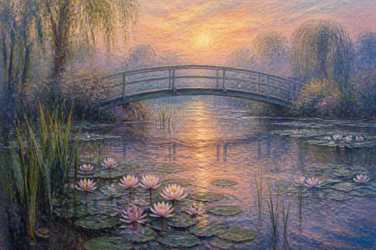 An oil painting of a green arched bridge over a pond filled with pink water lilies under a hazy sunset sky with trees in the background.