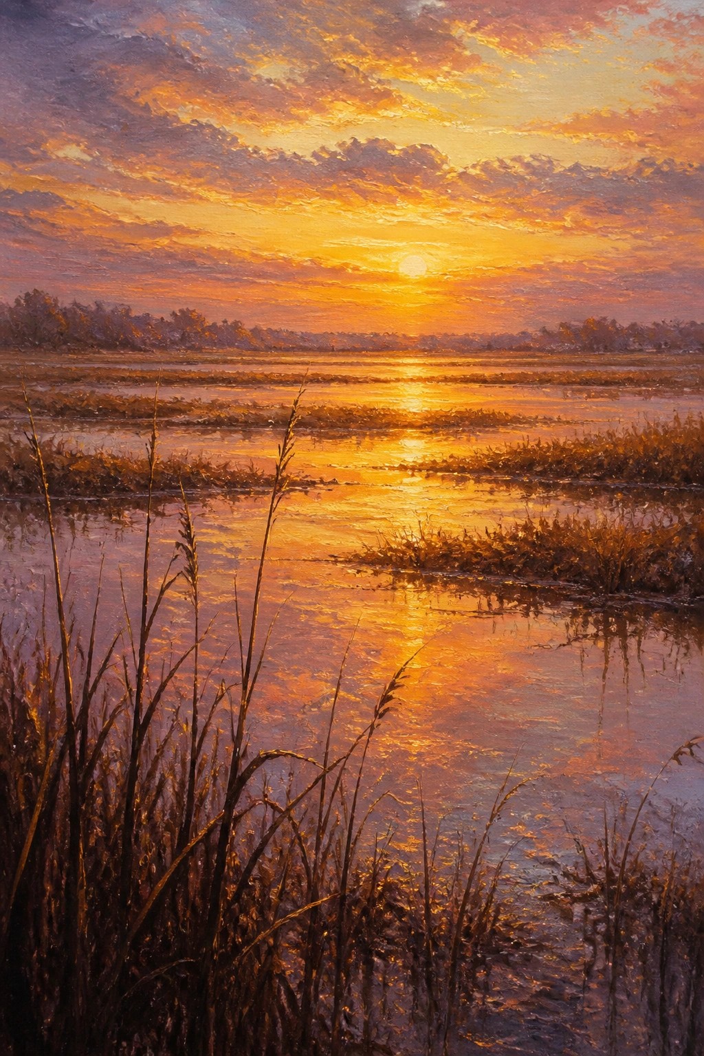 Sunset over marsh with vibrant orange sky reflecting on calm water amid tall grasses