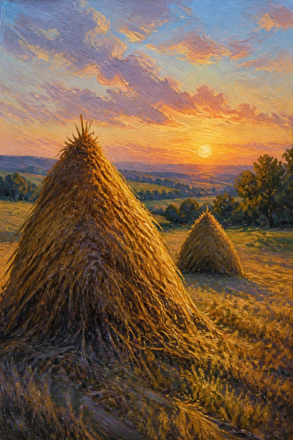 Two golden haystacks glowing in a vibrant sunset over rolling hills