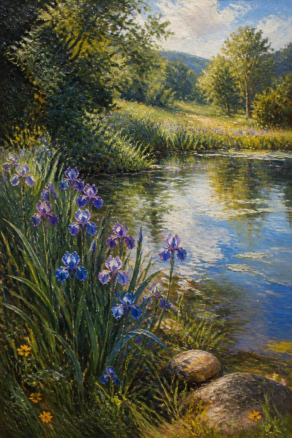 Oil painting of purple irises growing beside a river with trees, hills, and sky in the background.