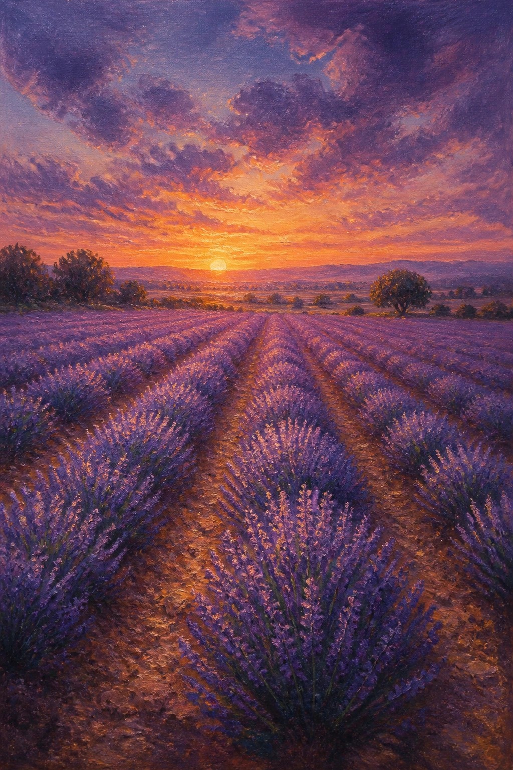 Purple lavender rows lead to a vibrant orange-purple sunset in oil painting style