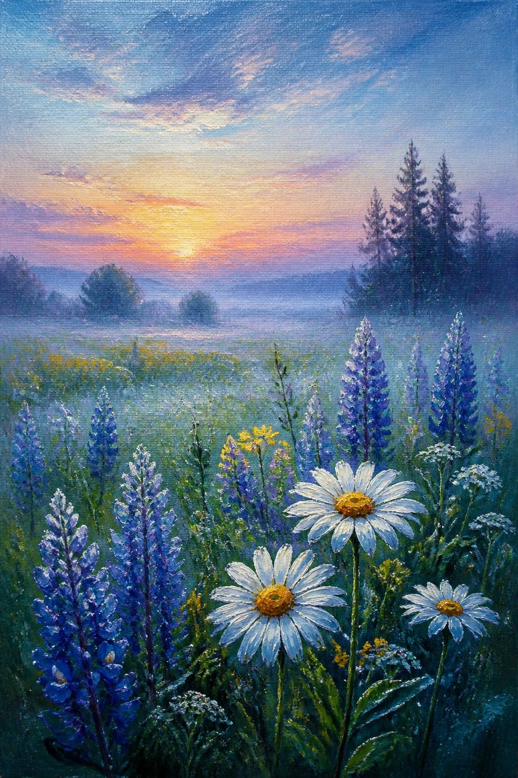 White daisies and blue lupines in misty meadow at colorful sunset